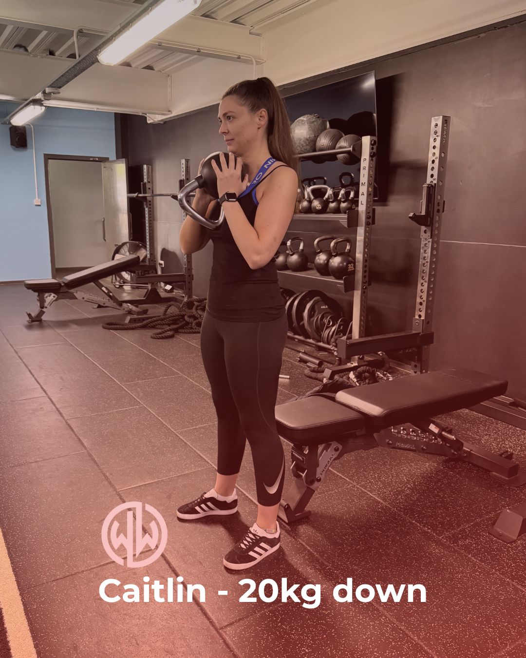 Woman exercising with weights in a gym setting, with 'Caitlin - 20kg down' text overlay.