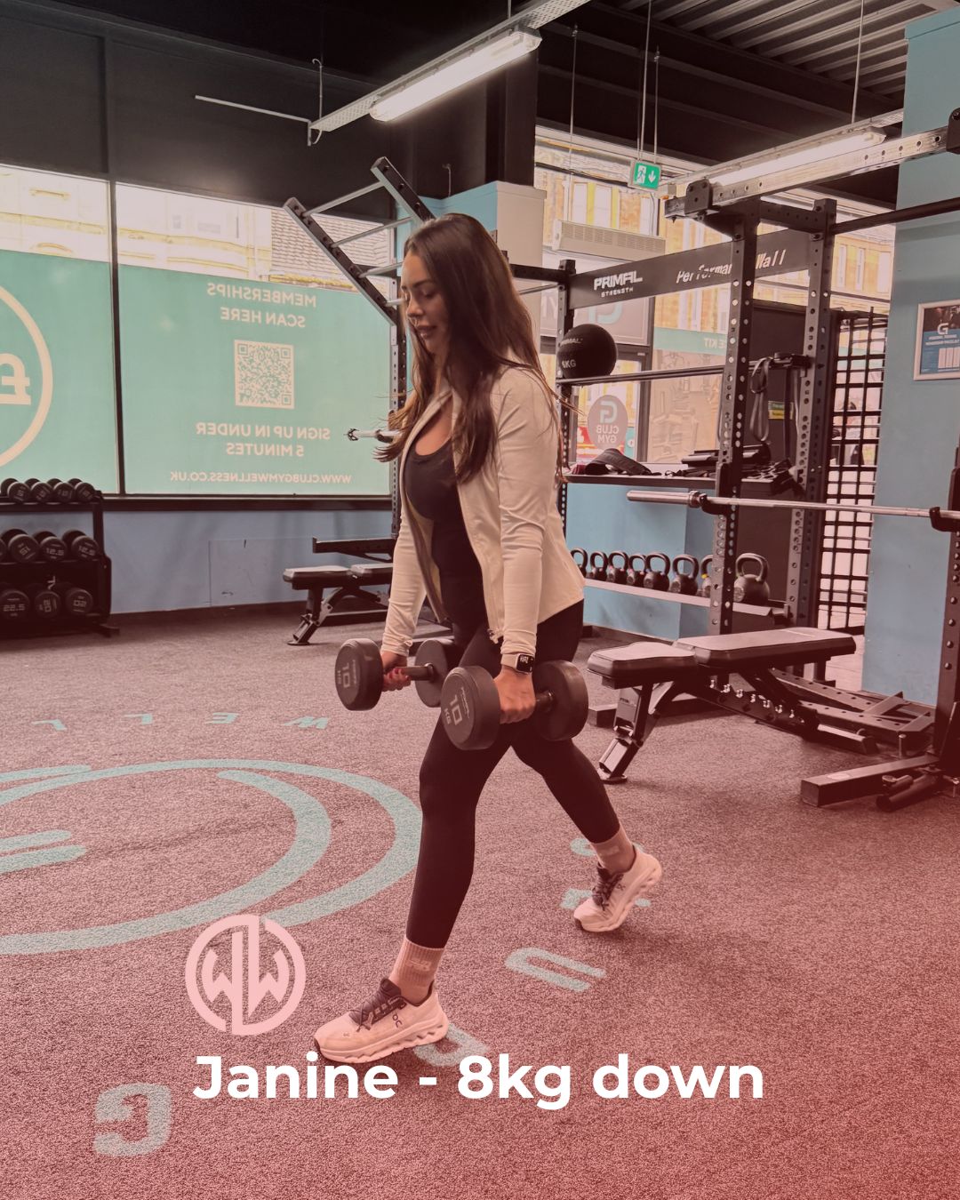 Woman exercising with dumbbells in a gym setting, with a visible brand logo and text.