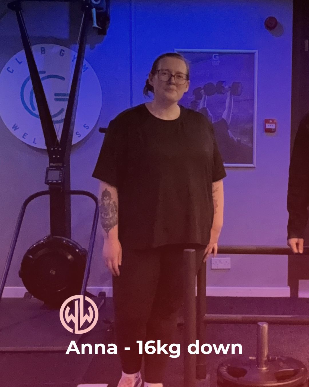 Person standing in a gym with weight loss information displayed